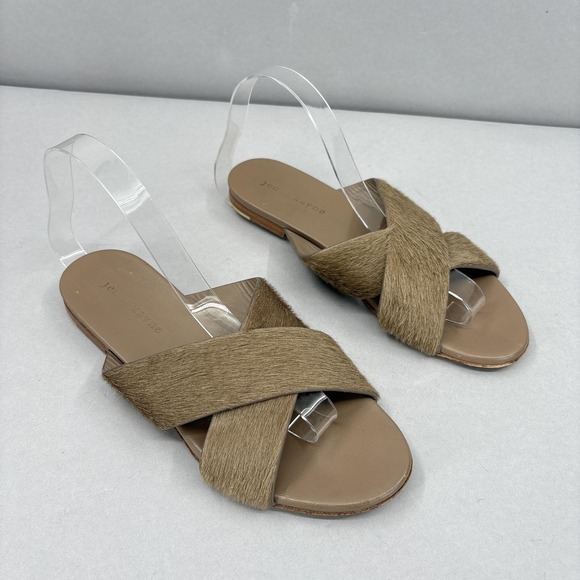 Jenni Kayne Shoes Womens Size 7.5 Tan Calf Hair Cross Strap Slide Sandals Italy